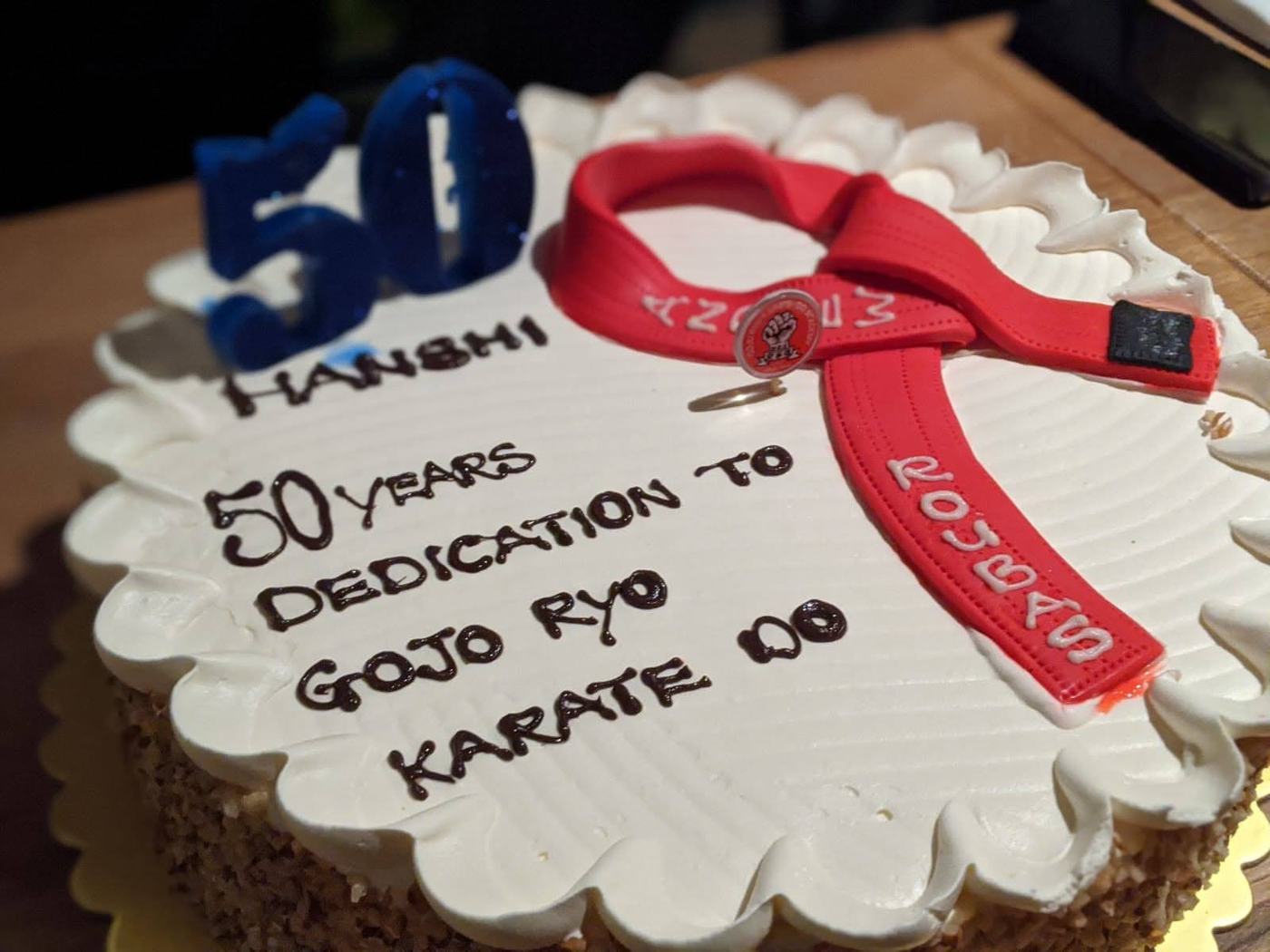 The dojo celebrating Hanshi Andrew Roubas's fiftieth year of karate training, December 2020