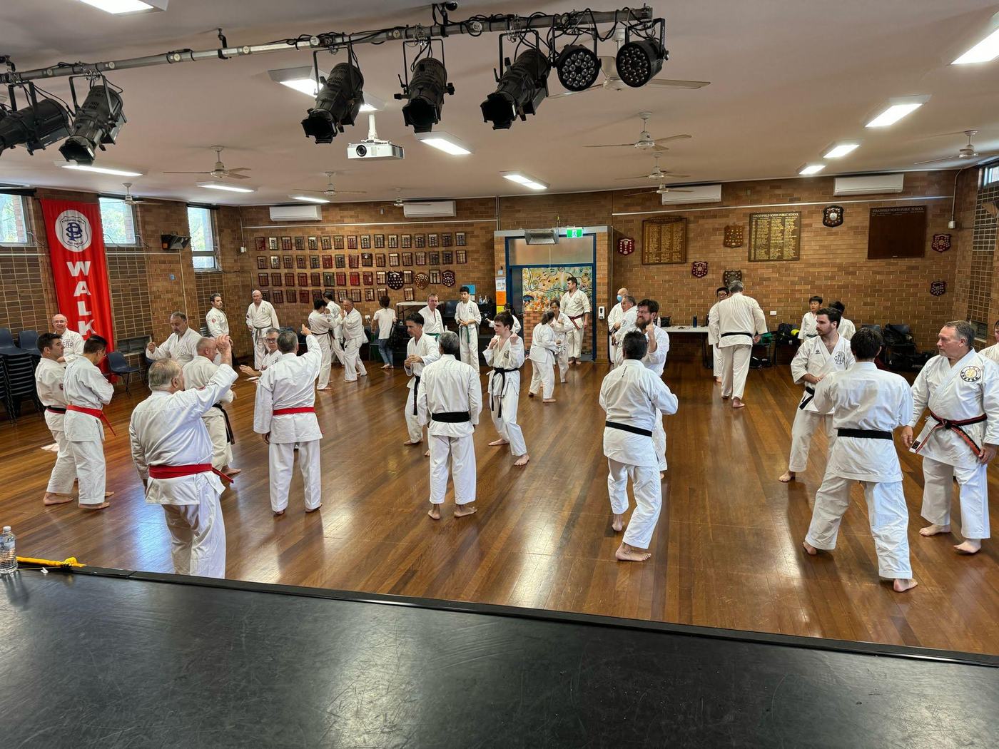 A full class training on the timber floor of the Strathfield North Public School hall